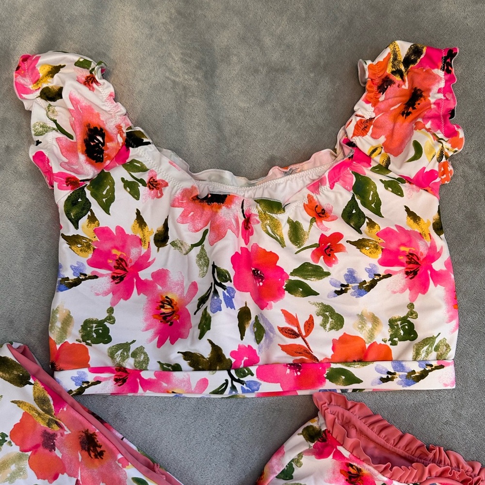 Coral Reef Size Large 3 Piece Floral Pink High-Waist Bikini Set Women Swim NWOT - Picture 6 of 9